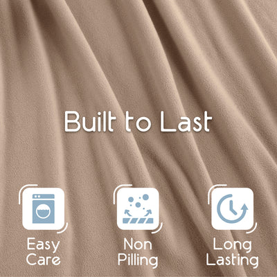 Soft beige microfleece blanket with text highlighting durability and care features.