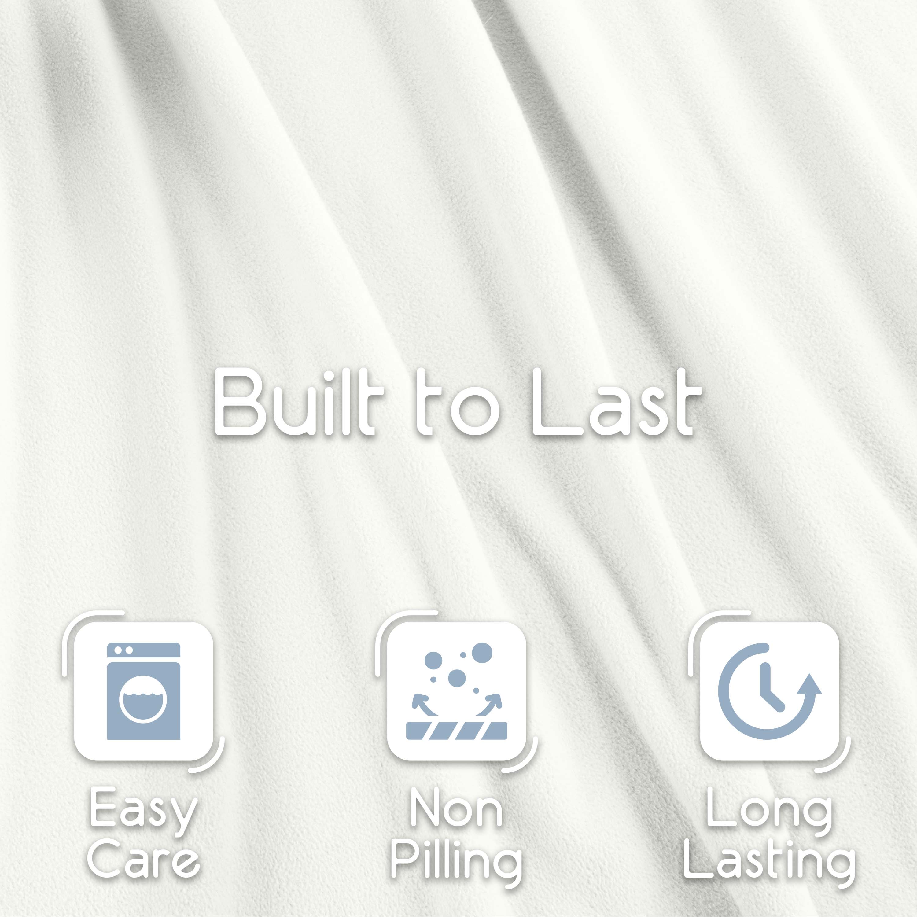 White micro fleece blanket with a soft texture and care icons for easy maintenance, non-pilling, and durability.