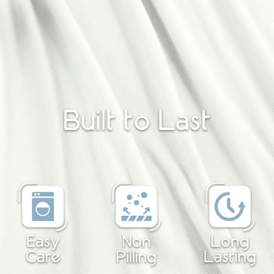 White micro fleece blanket with a soft texture and care icons for easy maintenance, non-pilling, and durability.