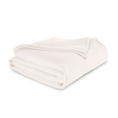 White, folded blanket with a smooth texture and contrasting stitched edges.