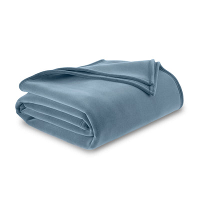 Soft, folded blue blanket with a smooth texture and stitched edges.