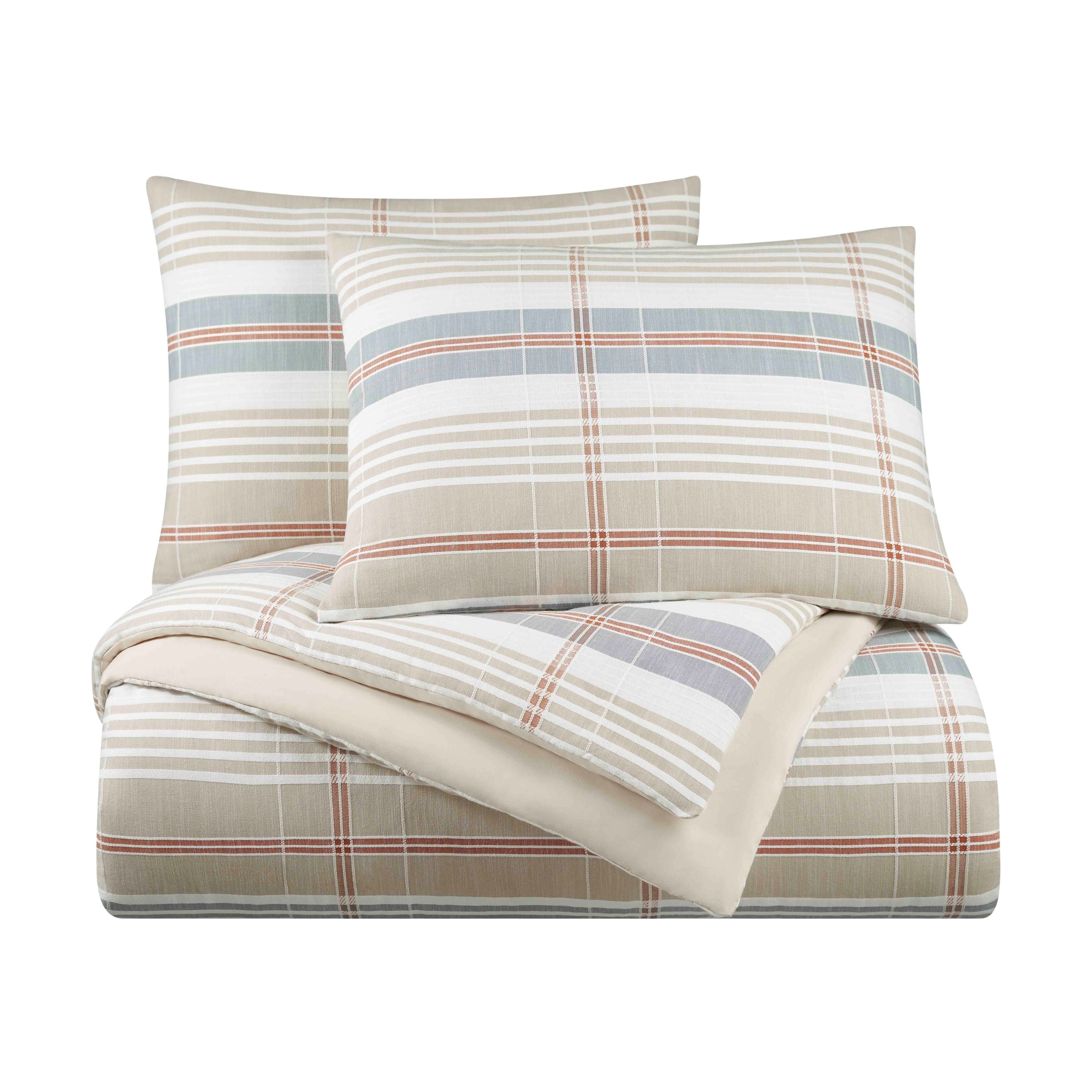 Comforter set featuring a taupe and plaid design with two matching pillow shams.
