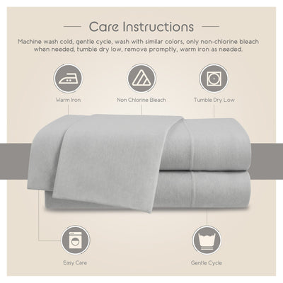 Care instructions for a light gray sheet set, detailing washing and drying guidelines.