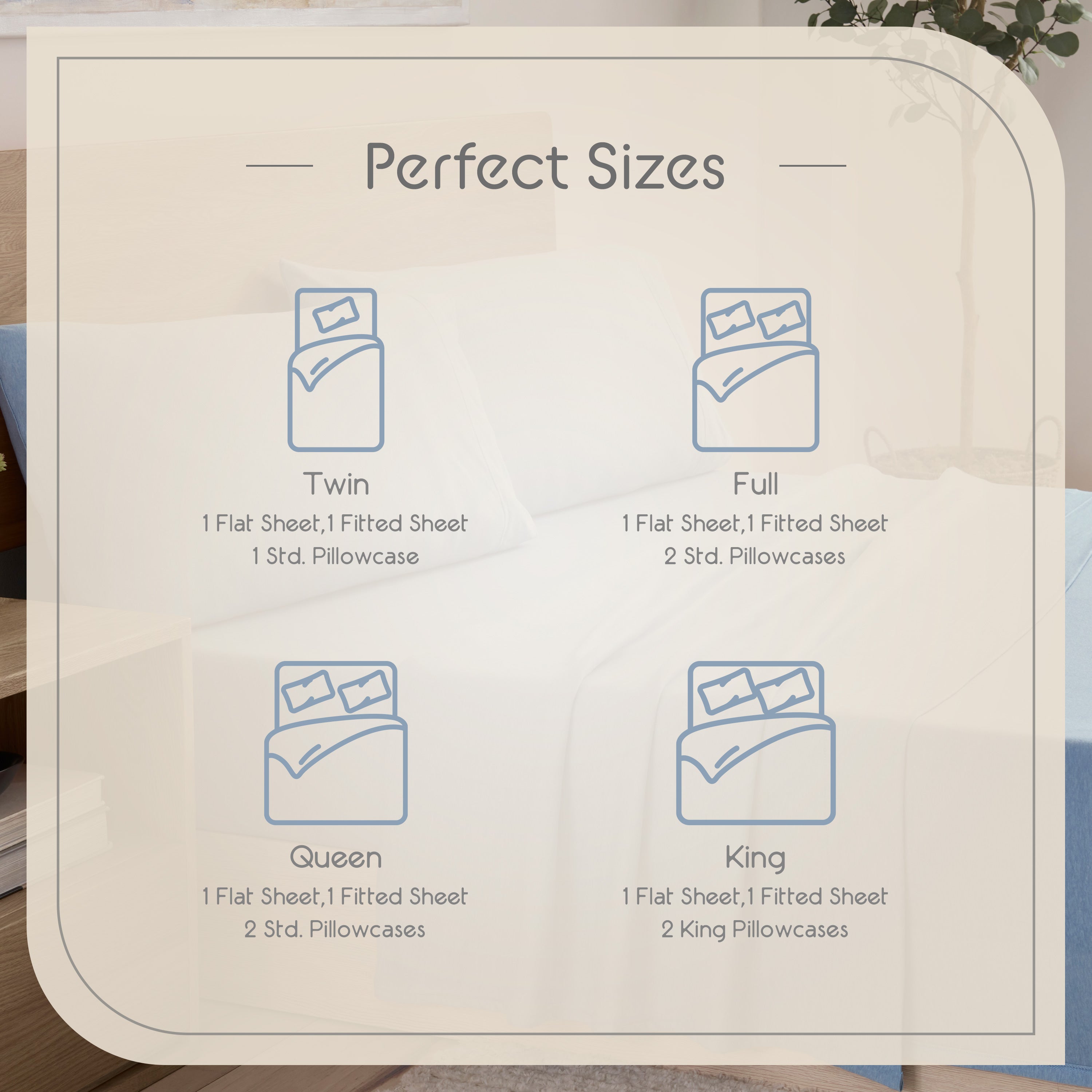 Sizes available: Twin, Full, Queen, King with corresponding sheet and pillowcase counts listed.