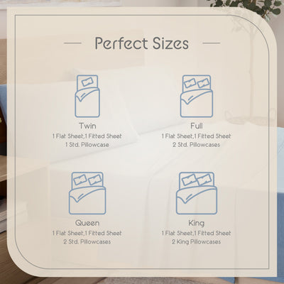 Sizes available: Twin, Full, Queen, King with corresponding sheet and pillowcase counts listed.