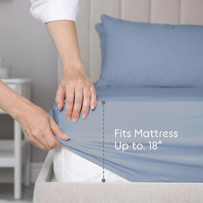 Hands adjusting a blue fitted sheet on a mattress, with text indicating it fits mattresses up to 18 inches.
