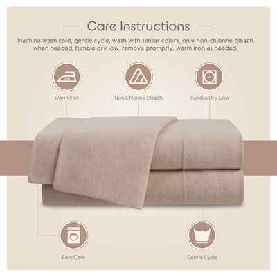 Care instructions for a beige sheet set, including washing, drying, and ironing guidelines.