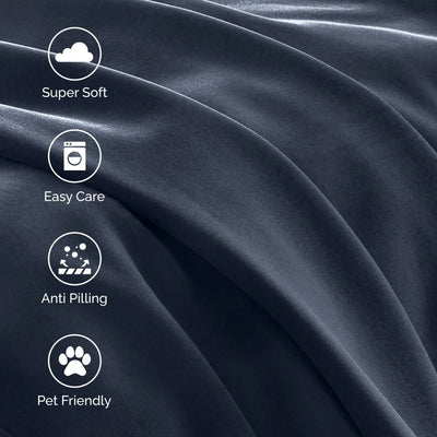 Dark fabric with icons and text highlighting features like super soft, easy care, anti-pilling, and pet friendly.
