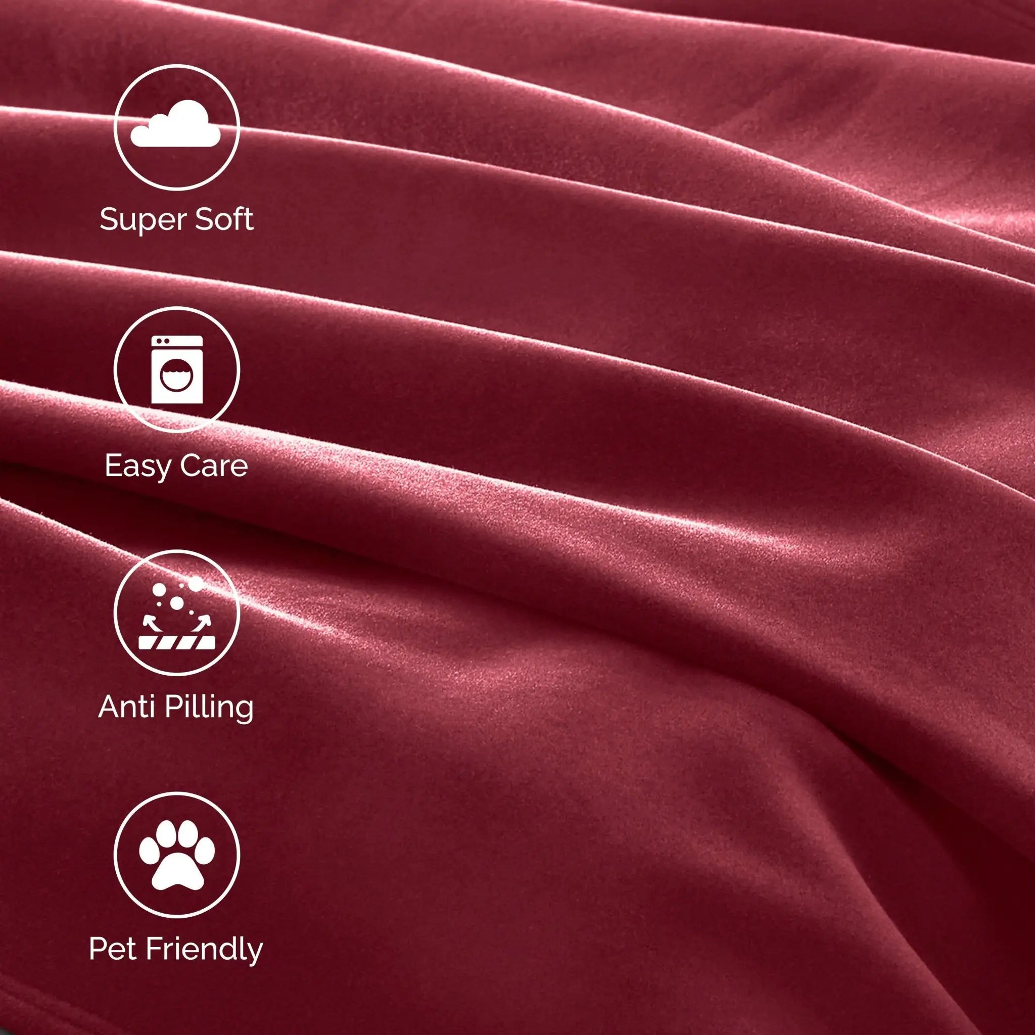 Red fabric with icons and text indicating features like super soft, easy care, anti-pilling, and pet friendly.