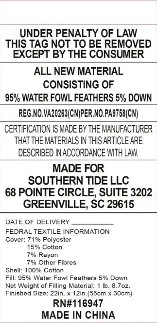 Law label of the decorative pillow.