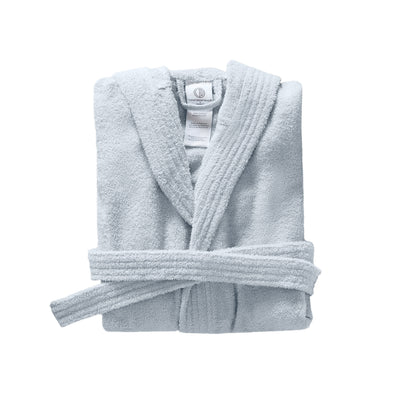 Light blue hooded bath robe folded with a tie belt and textured fabric.