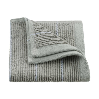 Soft gray towel with textured stripes and a folded corner, showcasing a plush surface.