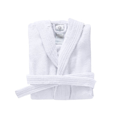 White hooded bath robe folded neatly with a tied belt and textured fabric.