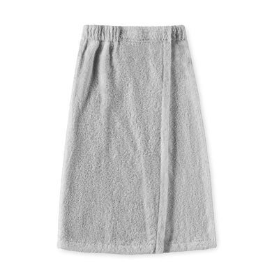 Gray youth shower wrap with an elastic waistband and soft, textured fabric.