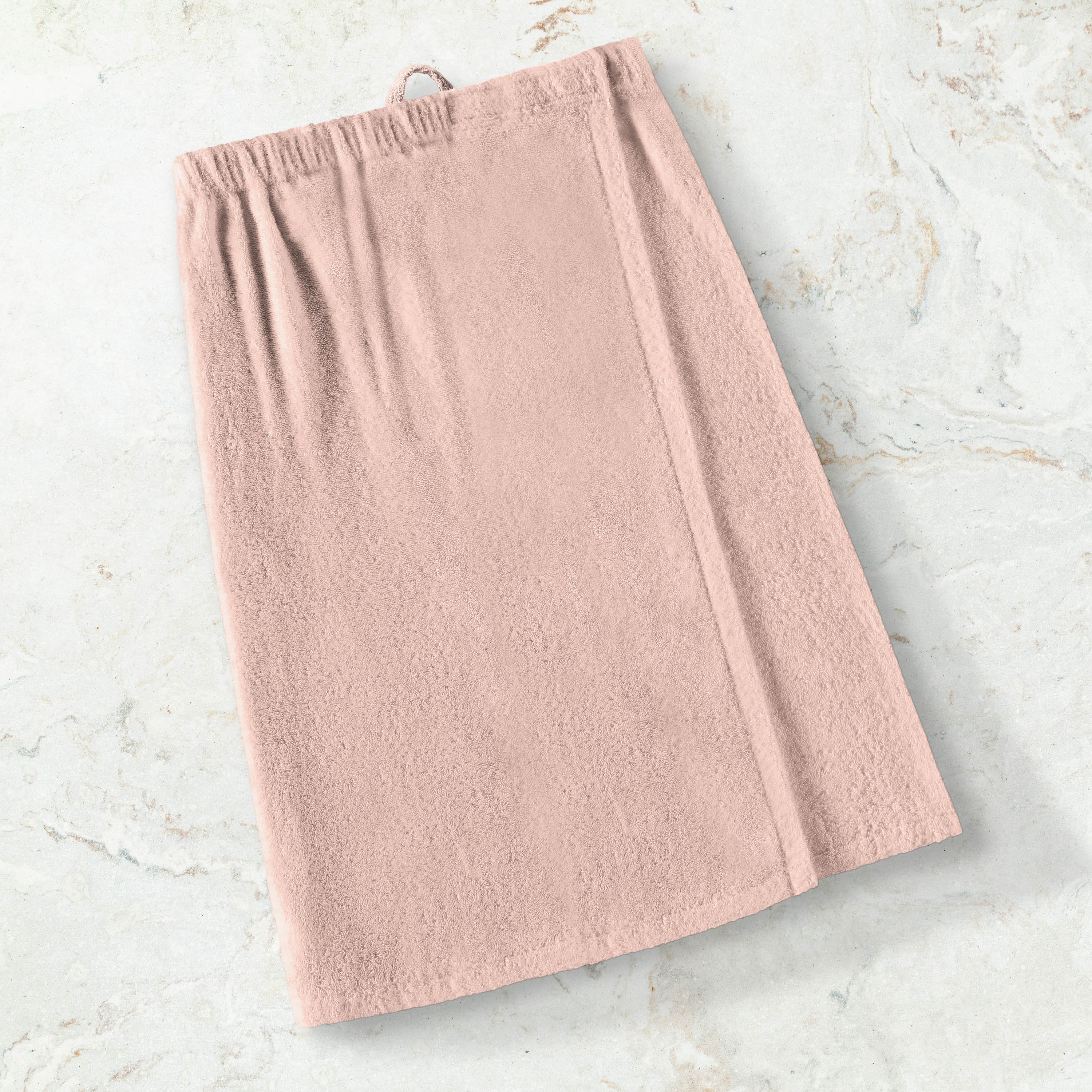 Pink adult shower wrap with an elastic waistband and a hanging loop.