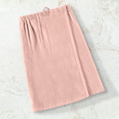 Pink adult shower wrap with an elastic waistband and a hanging loop.