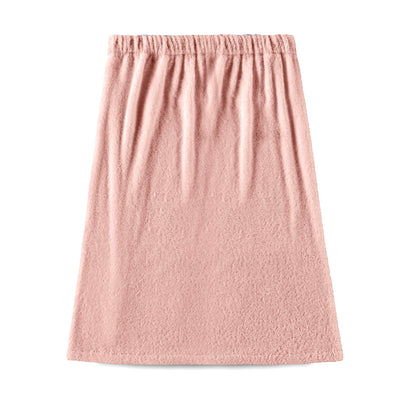 Pink adult shower wrap with an elastic waistband and a soft, textured fabric.