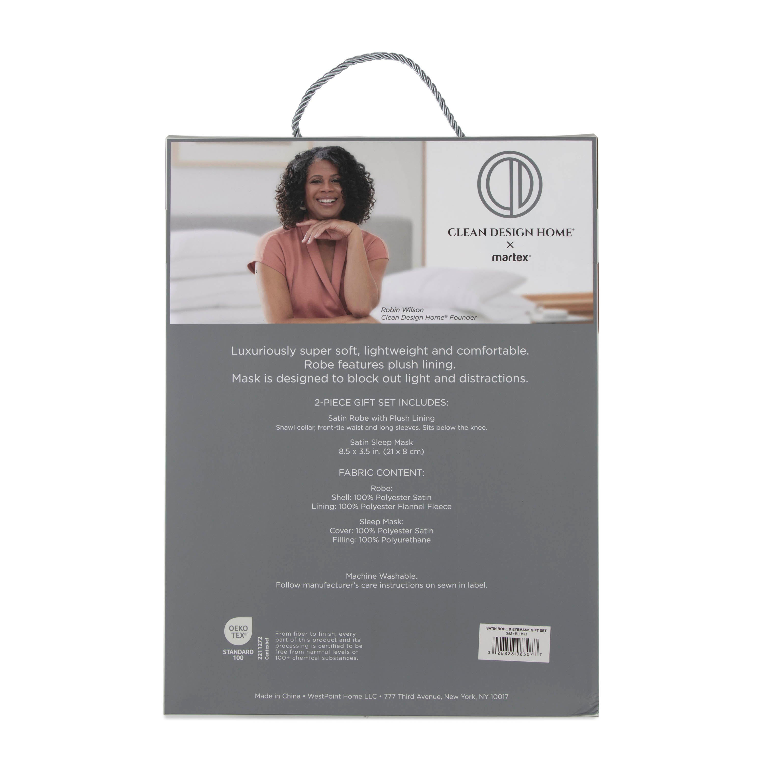 Back of the gift set packaging showing product details, care instructions, and a model wearing the robe.