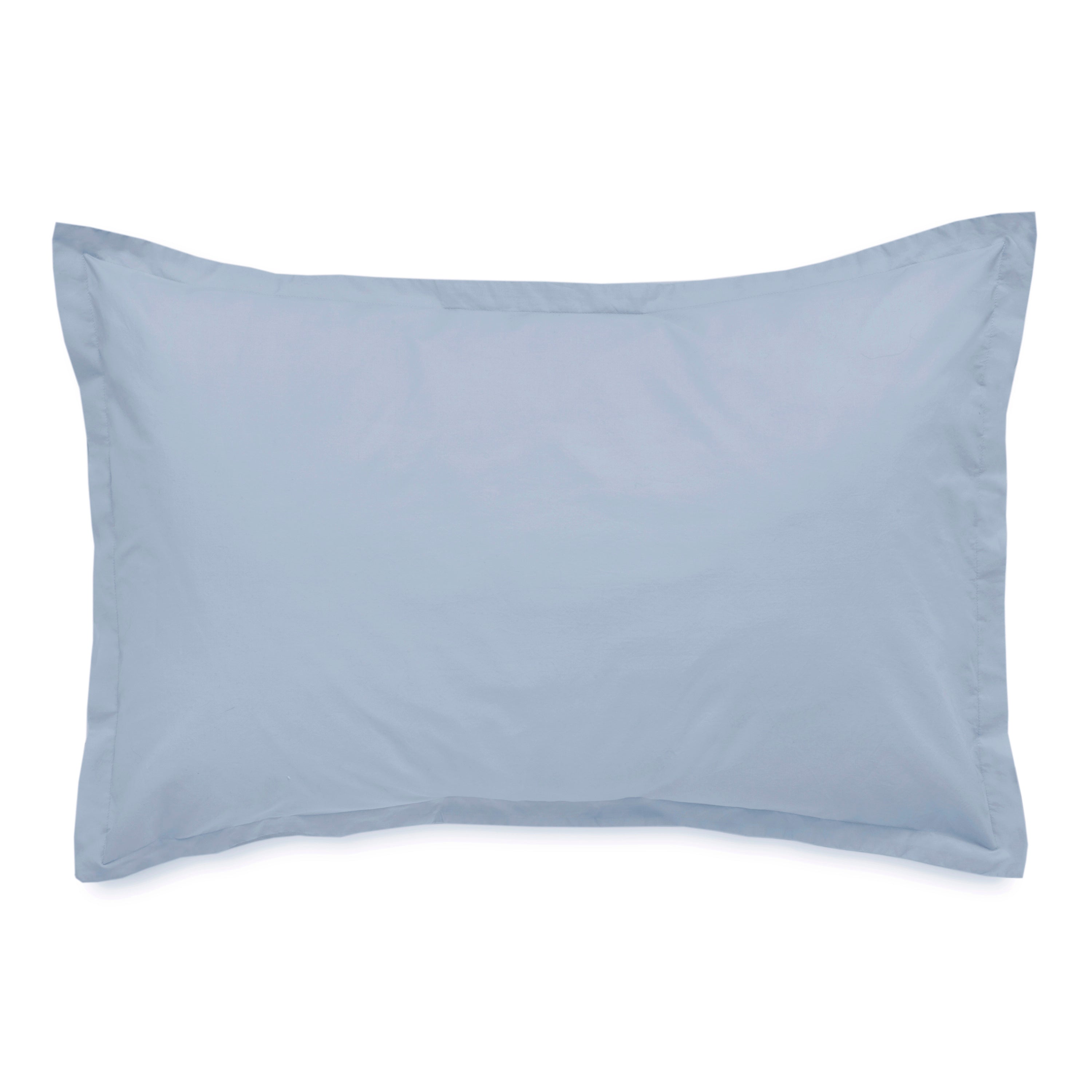 Light blue pillowcase with a smooth surface and piped edges.