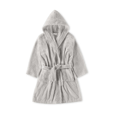 Hooded bath robe in light gray with a tie belt and two front pockets.