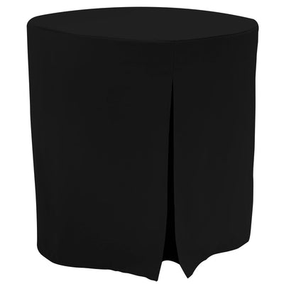 Black round table cover designed to fit a 30-inch table, featuring a fitted style with a slit.