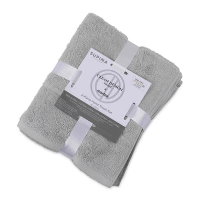 Gray hand towel set with a visible brand label on a white background