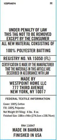 Text label for cotton batting with certification details and manufacturing information.
