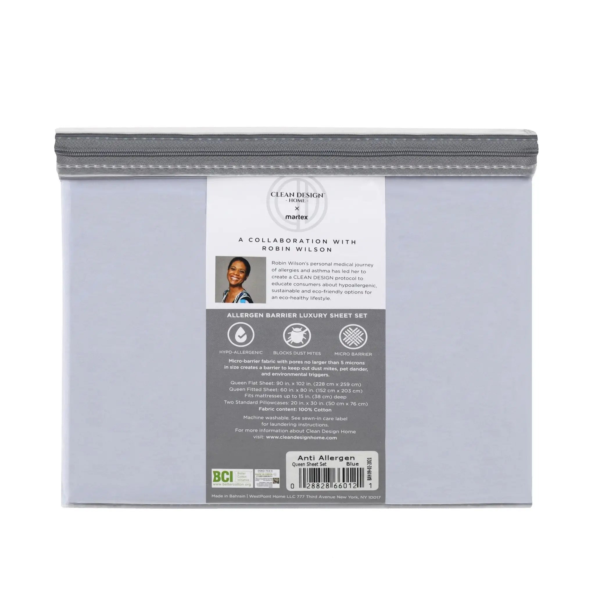 A packaged sheet set in a clear plastic bag with a gray zipper closure. The front label reads 'ClearBreeze by Molly' and 'A Collaboration with Robin Wilson,' with additional product details and a barcode on a white and gray backing card.