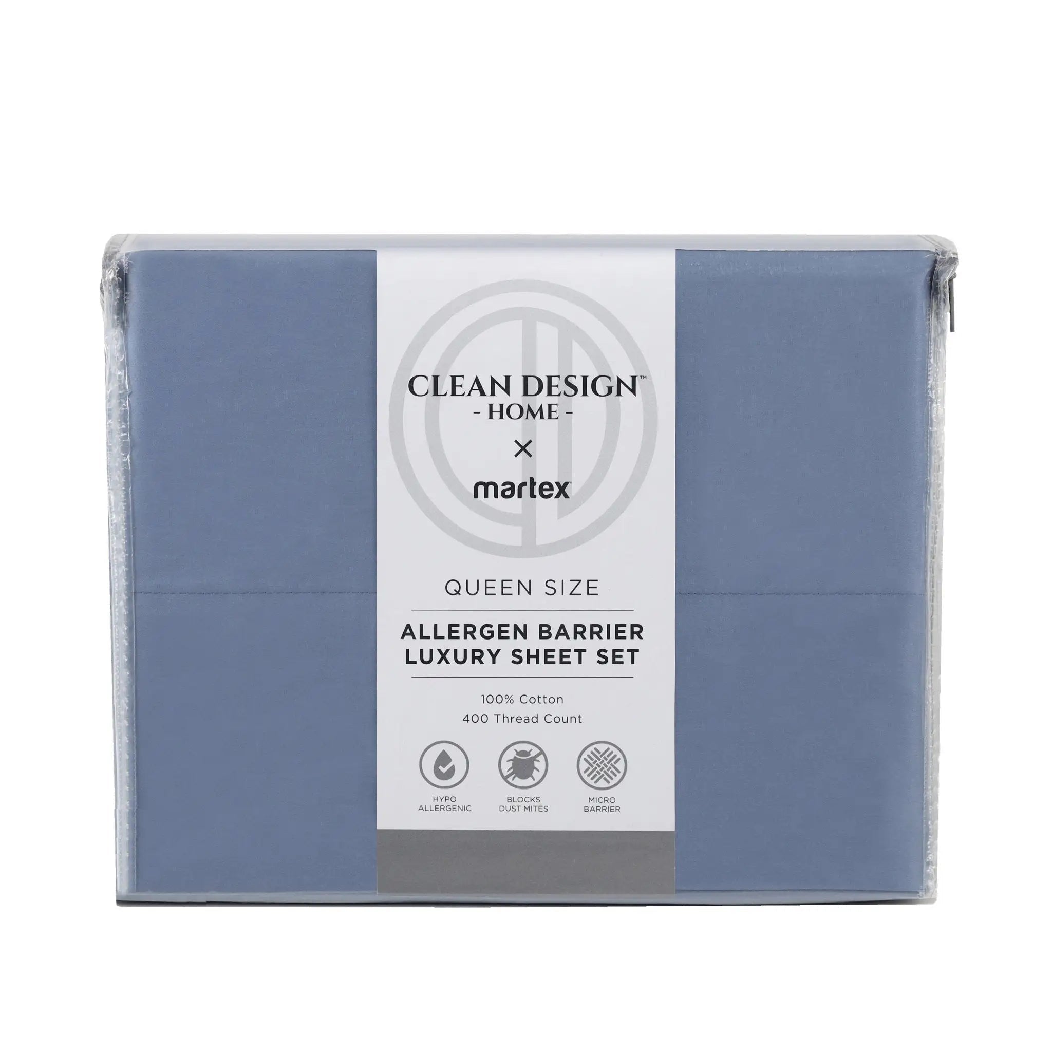 A packaged bedding set in a dusty blue color, wrapped in clear plastic with a white paper label that reads 'Clean Design Home x matrex Queen Size Allergen Barrier Luxury Sheet Set'.