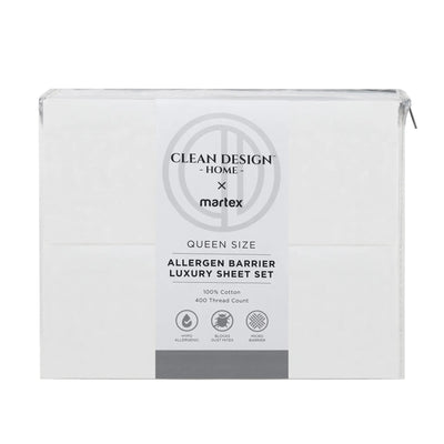 A white zippered box for a Queen Size Allergen Barrier Luxury Sheet Set by Clean Design Home x matex, shown on a plain white background.