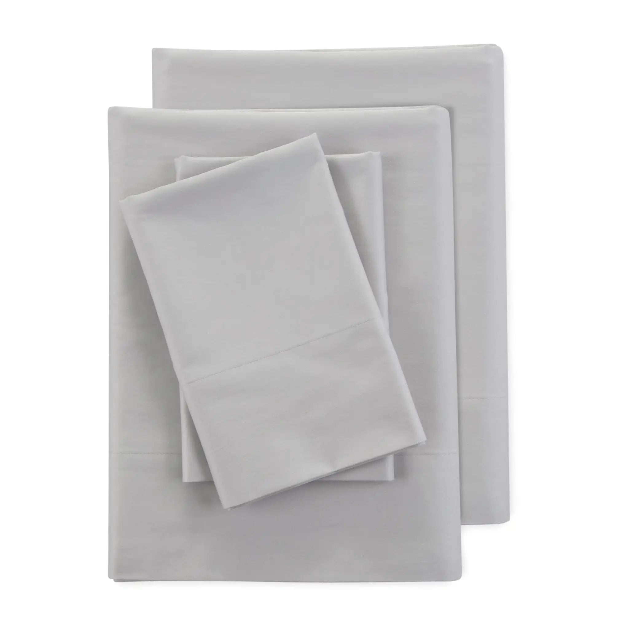 Set of gray bed sheets and pillowcases on a white background