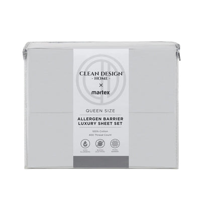 A packaged sheet set box labeled 'Clean Design Home x martex' for a Queen Size Allergen Barrier Luxury Sheet Set, shown on a plain white background.