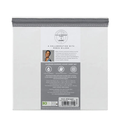 Packaging of a bed sheet set with branding and product details on a white background