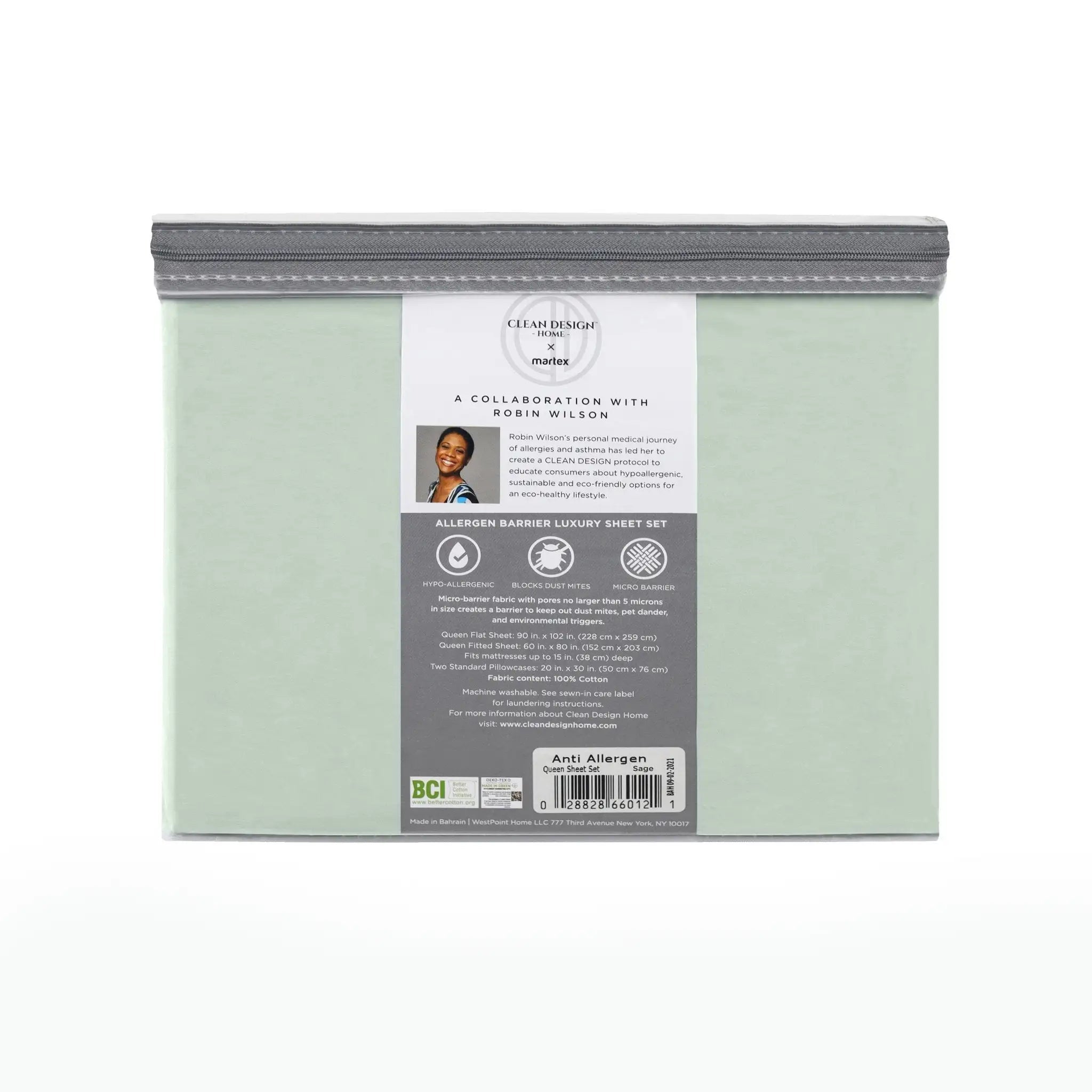 A folded sheet set in a light sage green color, sealed inside a clear plastic bag with a gray zipper and a large gray and white product label on the front.