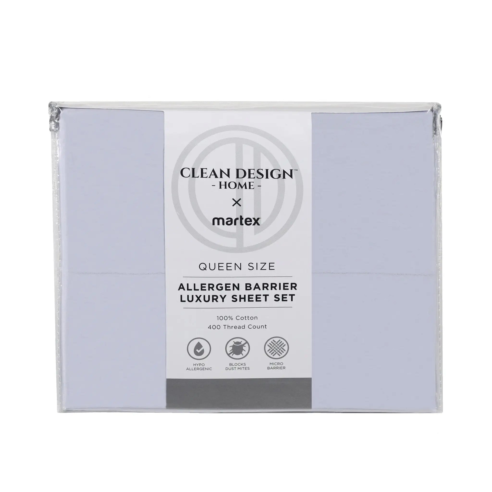 A packaged Queen Size Allergen Barrier Luxury Sheet Set by Clean Design Home x Martex, shown in a clear plastic box with a white paper label on a white background.