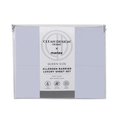 A packaged Queen Size Allergen Barrier Luxury Sheet Set by Clean Design Home x Martex, shown in a clear plastic box with a white paper label on a white background.