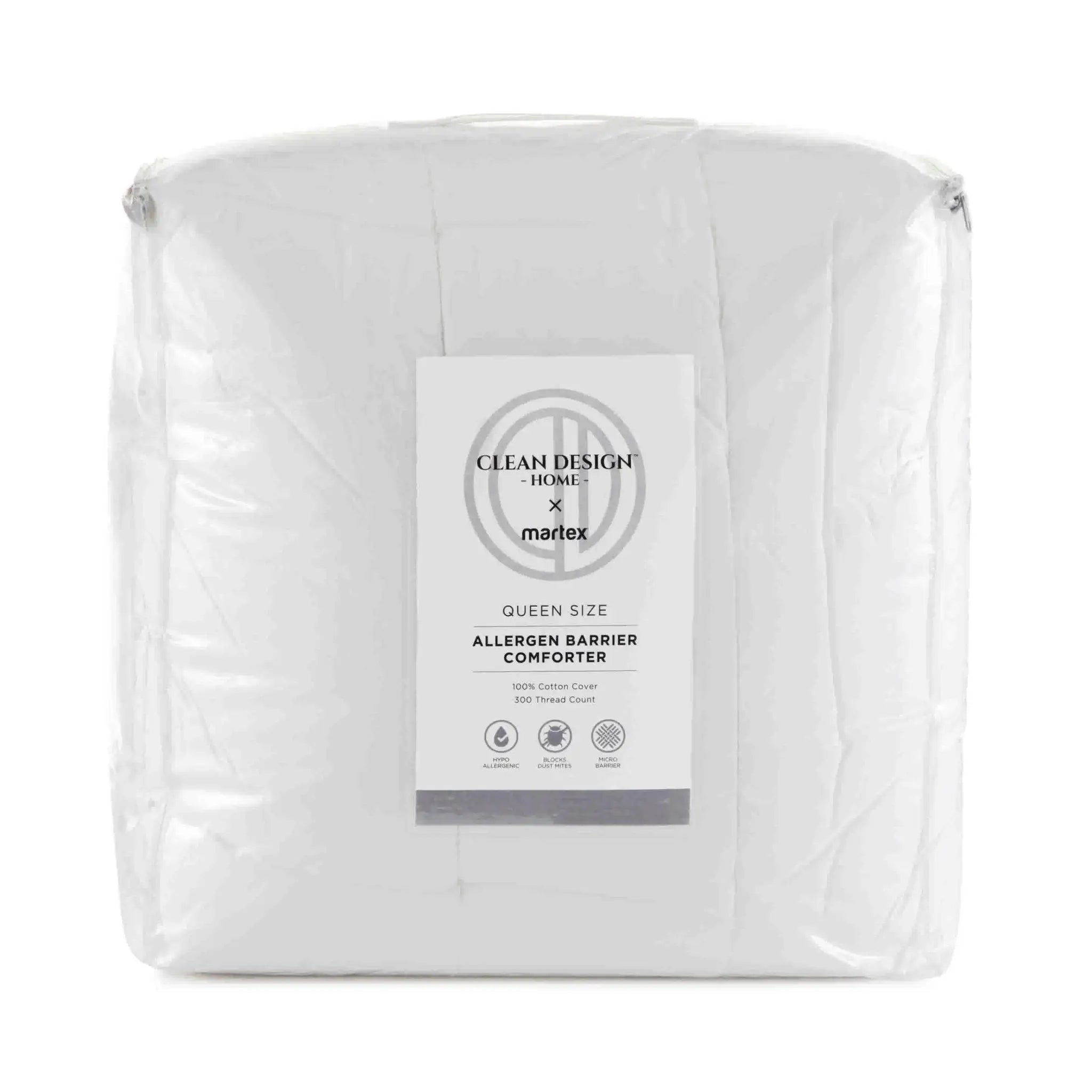 A packaged queen-size allergen barrier comforter from Clean Design Home x matex, wrapped in clear plastic with a white label in the center.