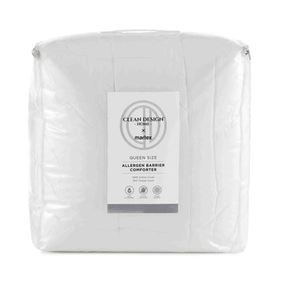 A packaged queen-size allergen barrier comforter from Clean Design Home x matex, wrapped in clear plastic with a white label in the center.