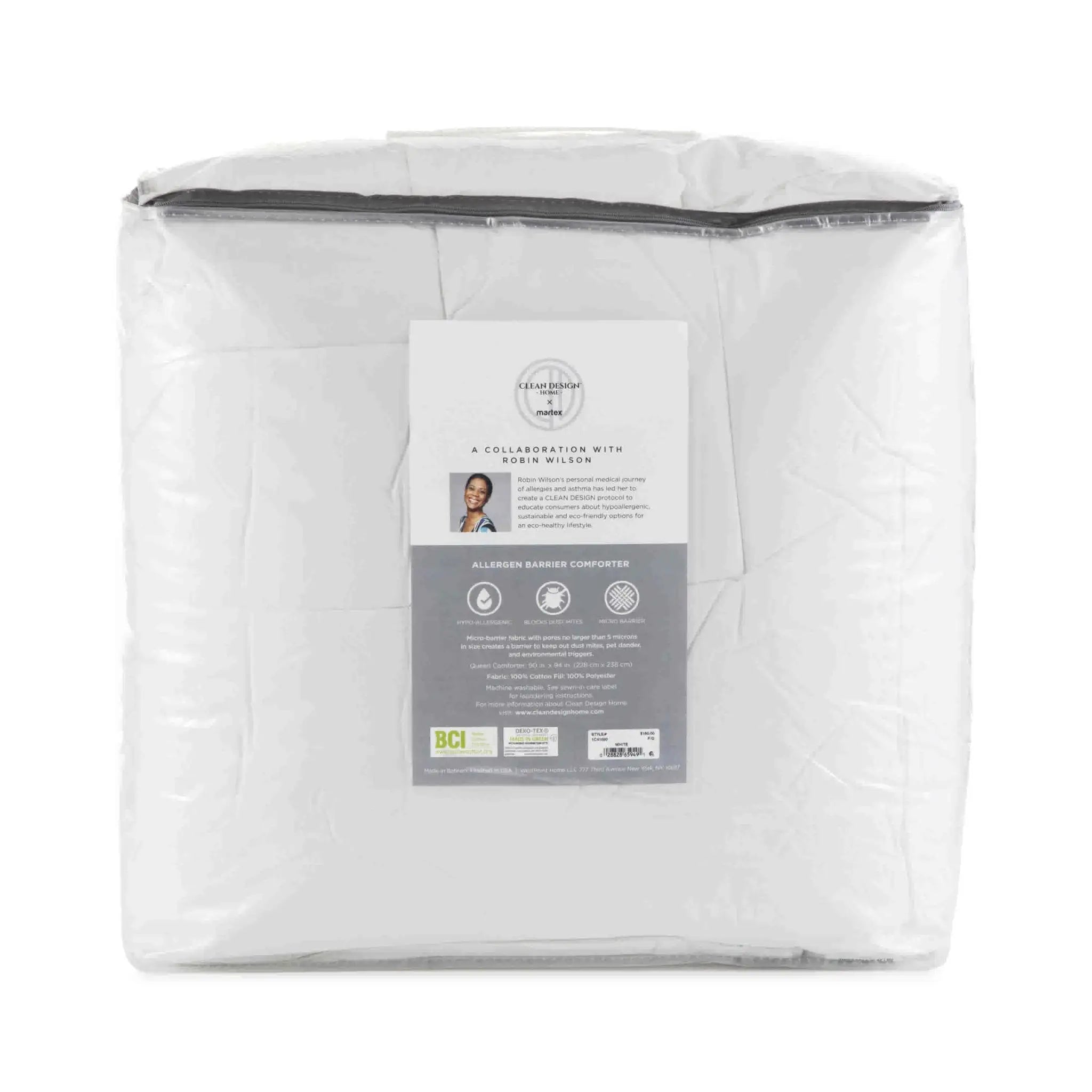 Packaged comforter with a label on a white background