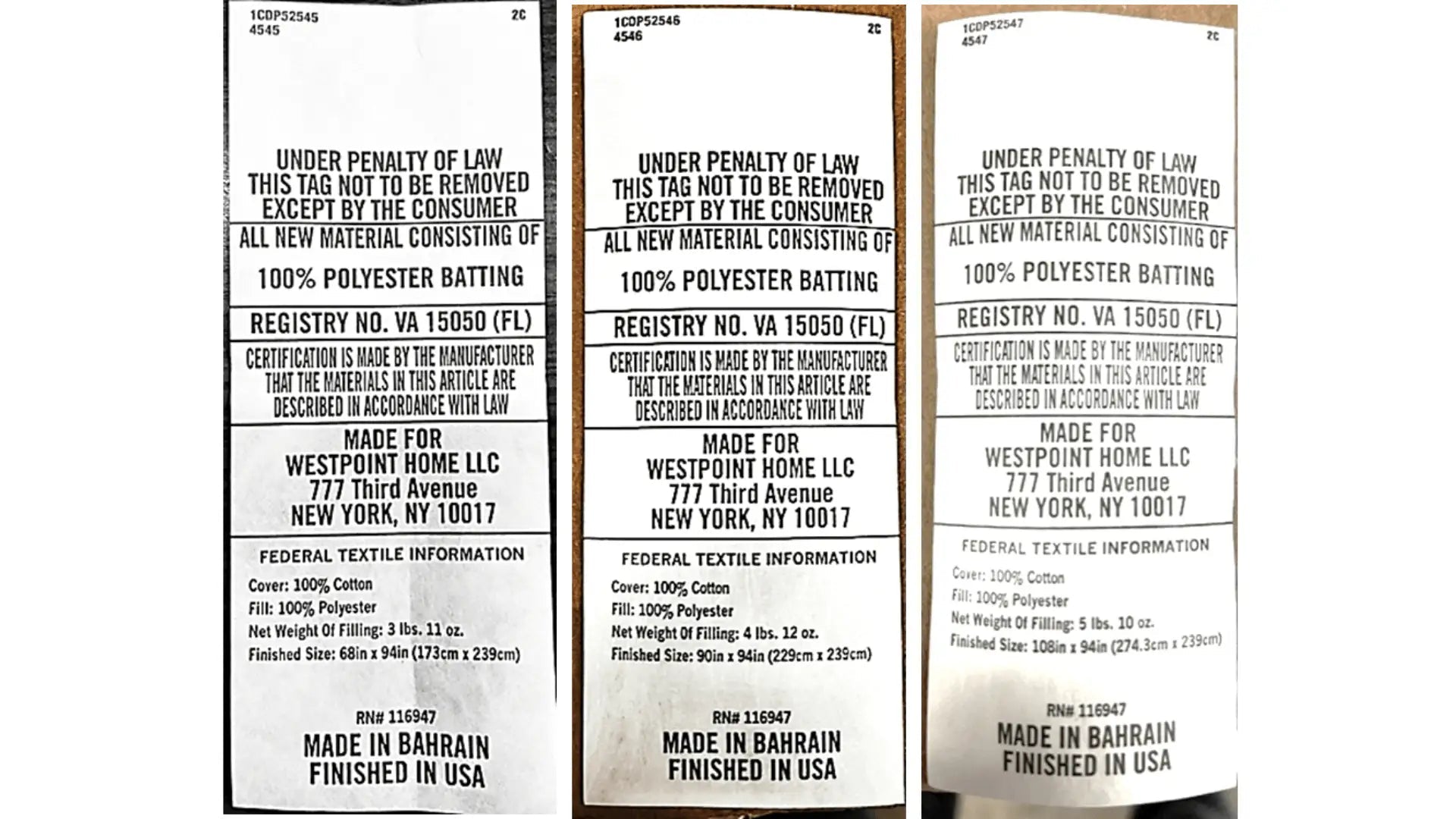 Three close-up views of a white fabric tag showing product.