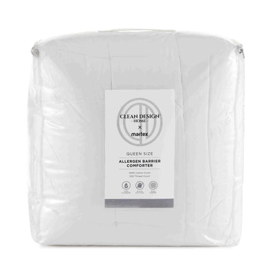 Packaged white comforter with Clean Design Home and Martex labels on a white background