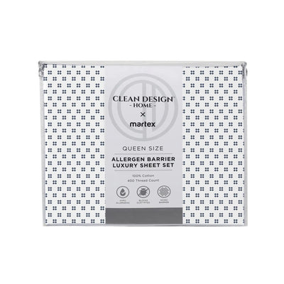 Packaged Queen Size Allergen Barrier Luxury Sheet Set with Clean Design Home and Martex branding on a white background.
