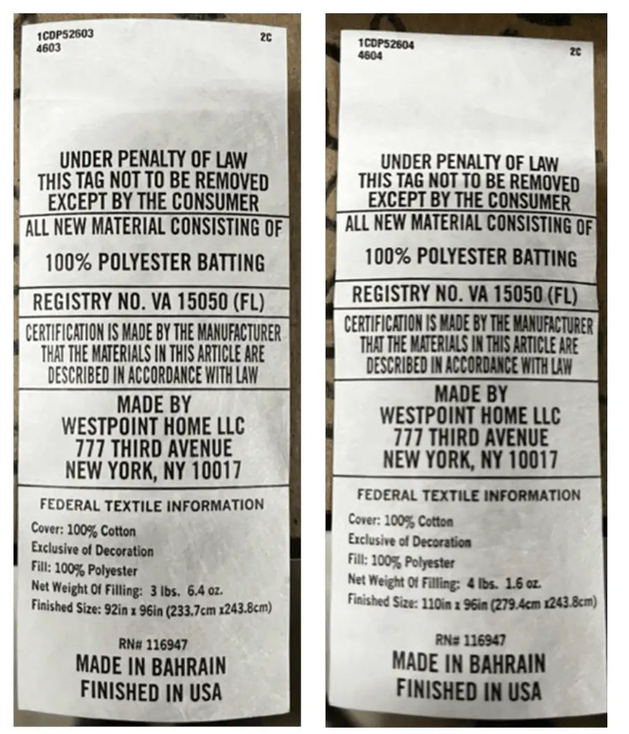 Two labels from Westpoint Home LLC with text and product details.