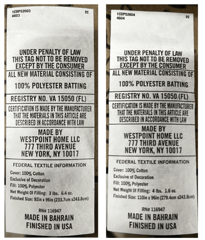 Two labels from Westpoint Home LLC with text and product details.