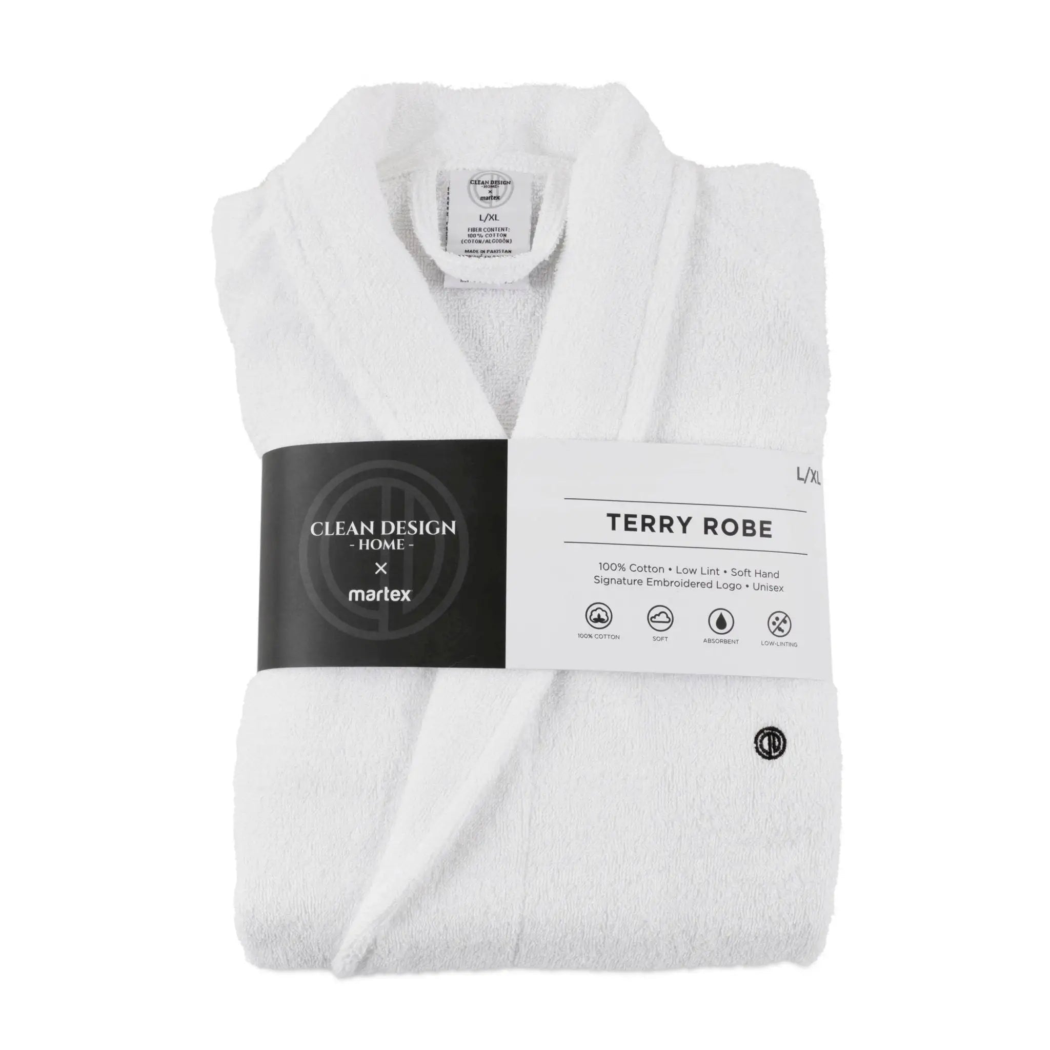 White terry robe with a label on a white background