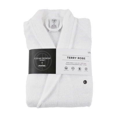 White terry robe with a label on a white background