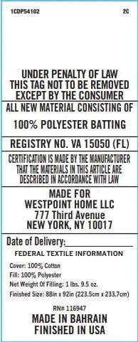 Text label for cotton batting with certification details and manufacturing information.