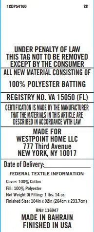 Text label for cotton batting with certification details and manufacturing information.