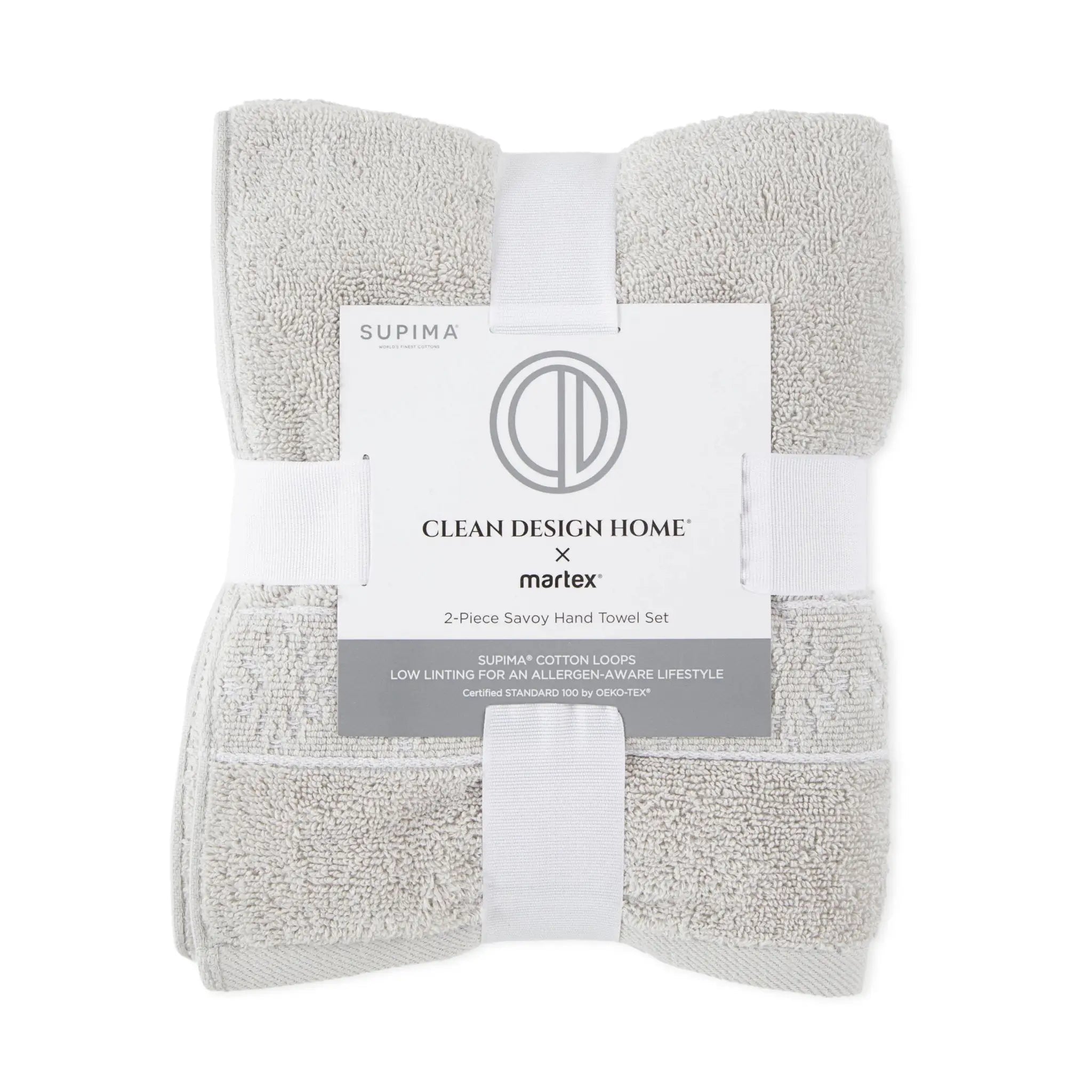 Set of two gray hand towels with a visible brand label on a white background