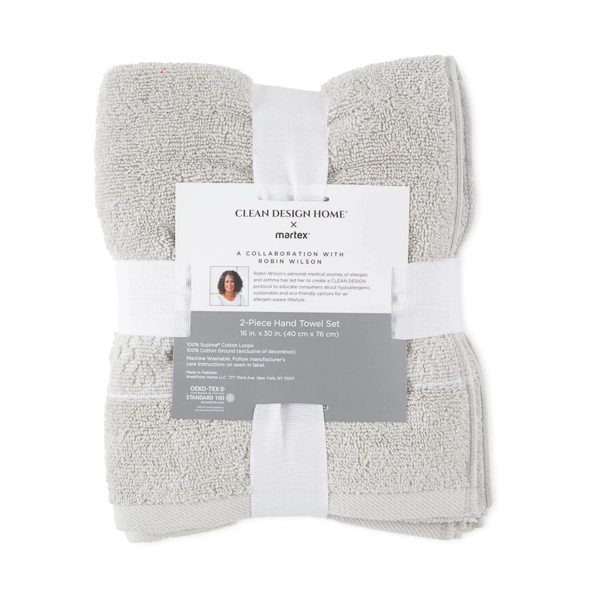 A folded 2-piece hand towel set in a light gray color, wrapped in a white paper band with a product label from Clean Design Home x marlex.